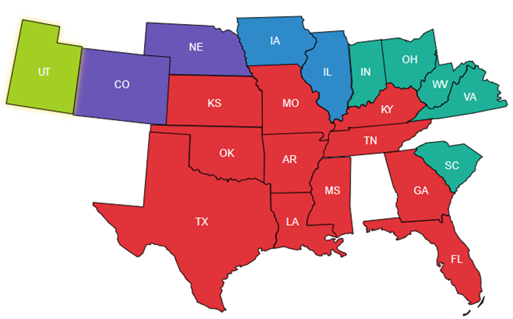 Map of the 21 states where Sword Construction actively serves commercial construction clients, from Utah and Colorado east to Virginia and south to Texas and Florida
